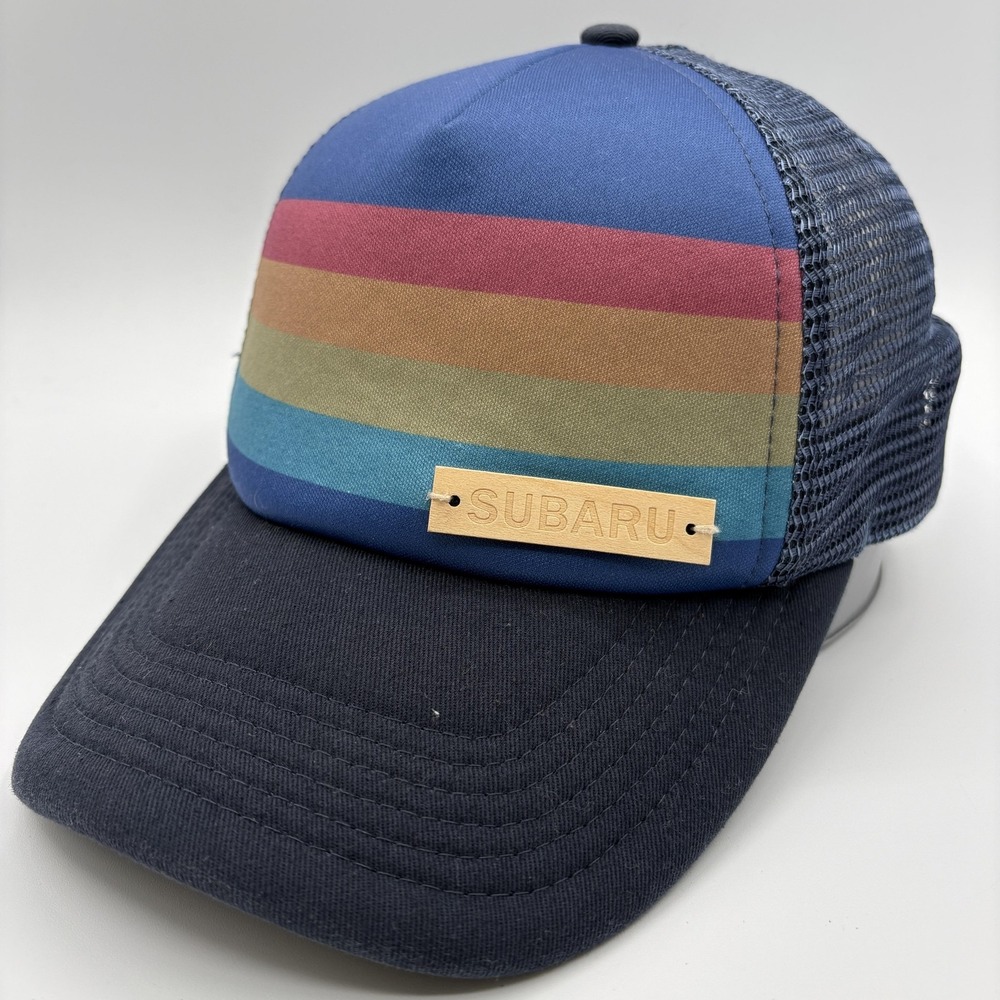 Subaru Hat Trucker Rainbow Cap Mesh Strap Back One‎ Size Blue Striped Auto Logo